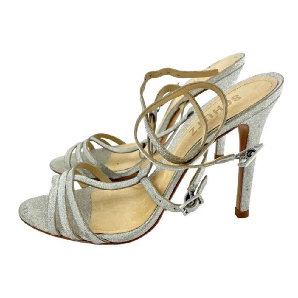 Schutz Heels Silver Glitter Open Toe Strappy Shoes Stiletto SZ 7.5